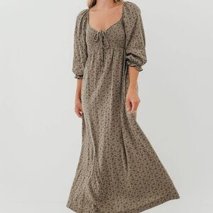 Cecilia Olive Floral Smocked Tie-Front Maxi Dress
